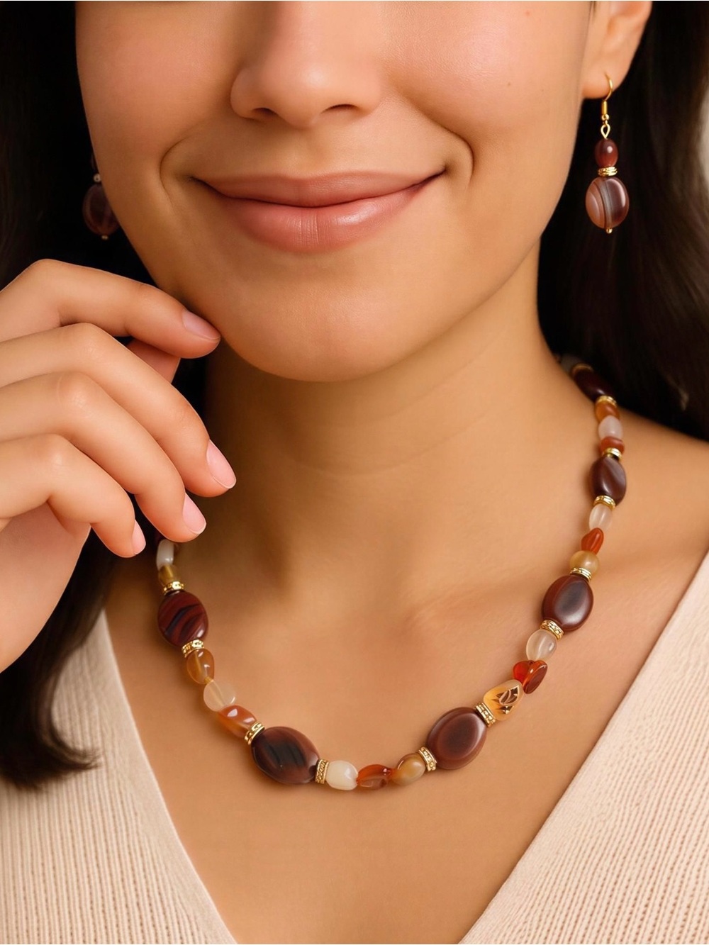 Brown Agate Beaded Necklace with Gold Accents - Women's Jewelry